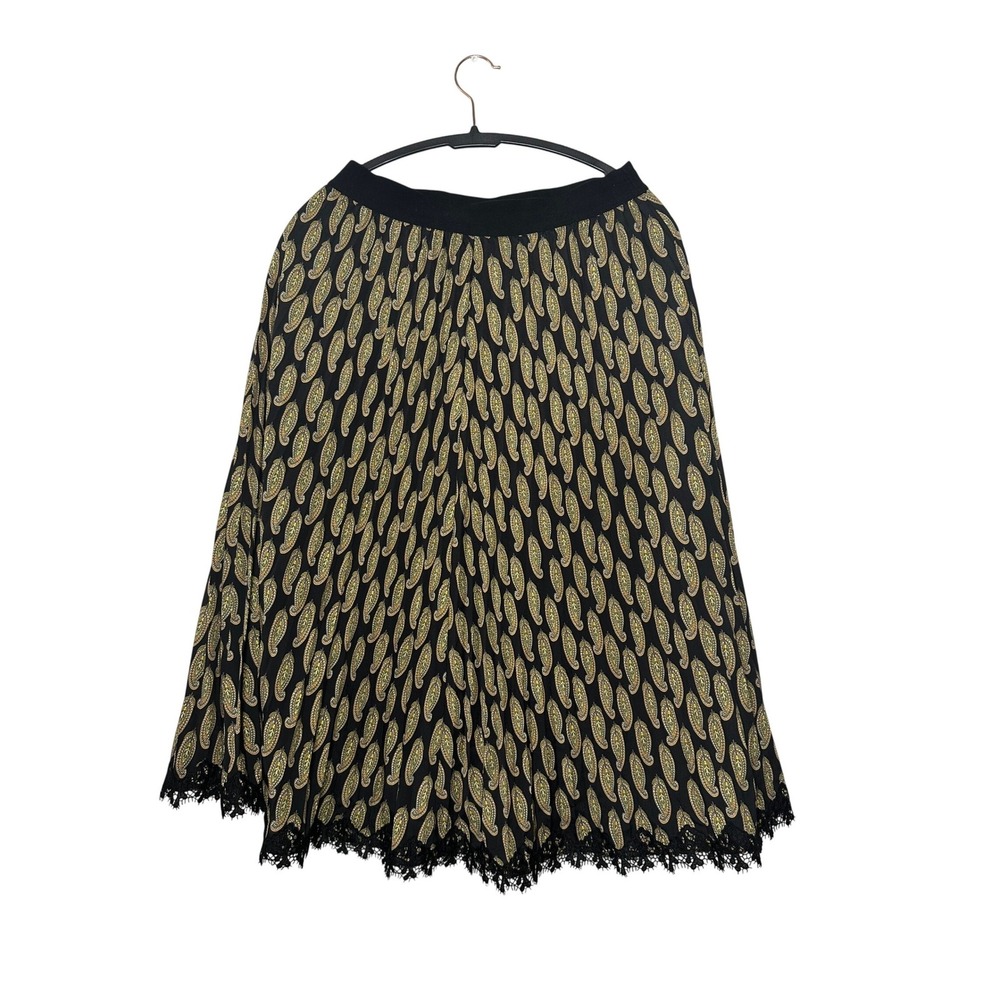 Kobi Halperin Paisley Pleated Midi Skirt Black Yellow Lace Trim Medium‎